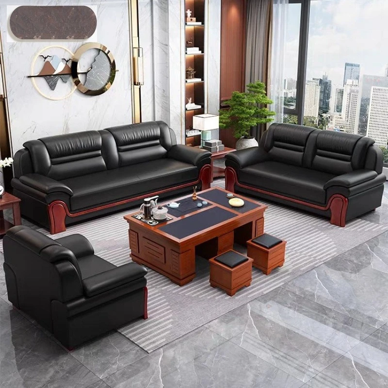 Guest reception room leather art solid wood sofa business office sofa coffee table combination