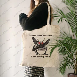 1 pc Mothman Eating Soup pattern Tote Bag Canvas Shoulder Bag For Travel Daily Commute Women's Reusable Shopping Bag
