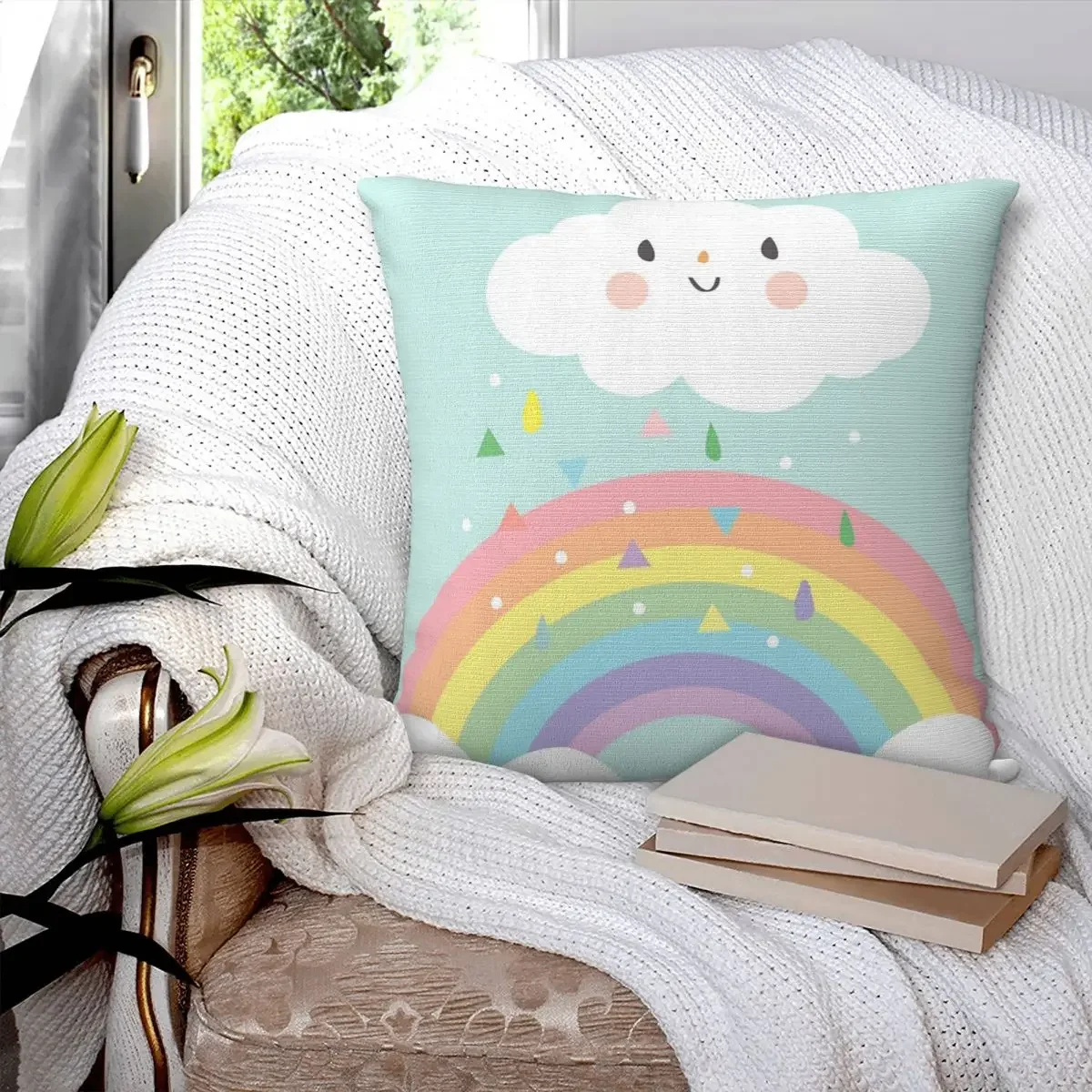 Rainbow Happy Little Cloud Pink Rain Dew Pillowcase Polyester Pillow Cover Cushion Comfort Throw Pillow Sofa Decorative Cushions