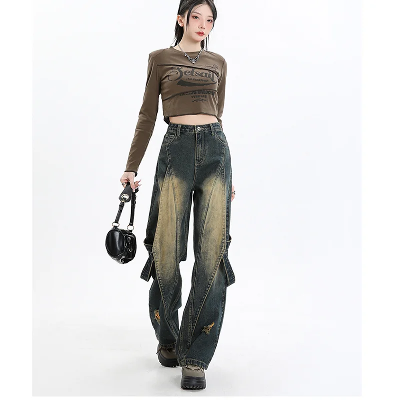 

Blue Womens Jeans High Waist Vintage Straight Baggy Pants Streetwear Style y2k Fashion Splicing design Wide Leg Denim Trouser