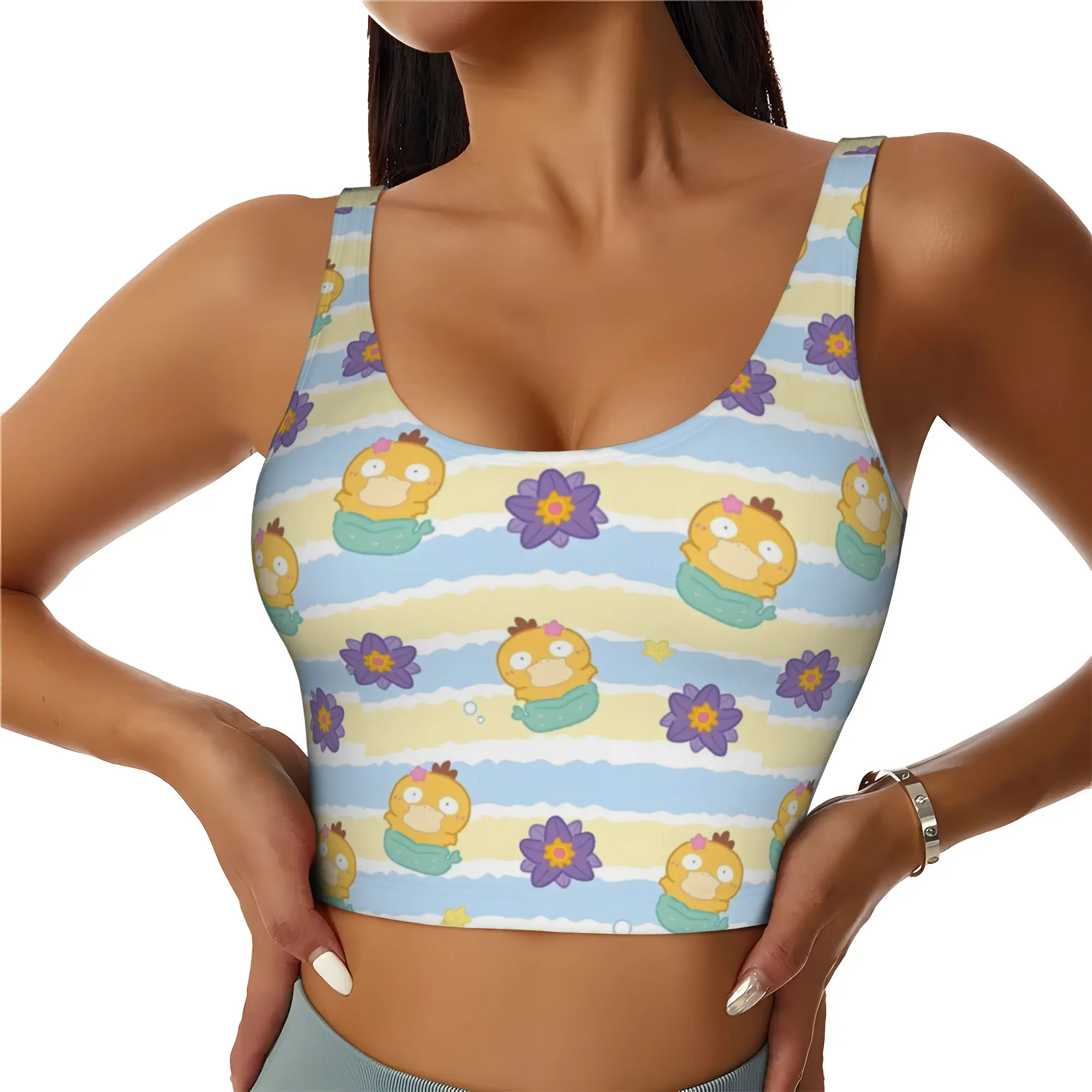 Custom Women P-Psyducks Sports Bra Duck Animated High Impact Gym Workout Running Crop Tank Tops