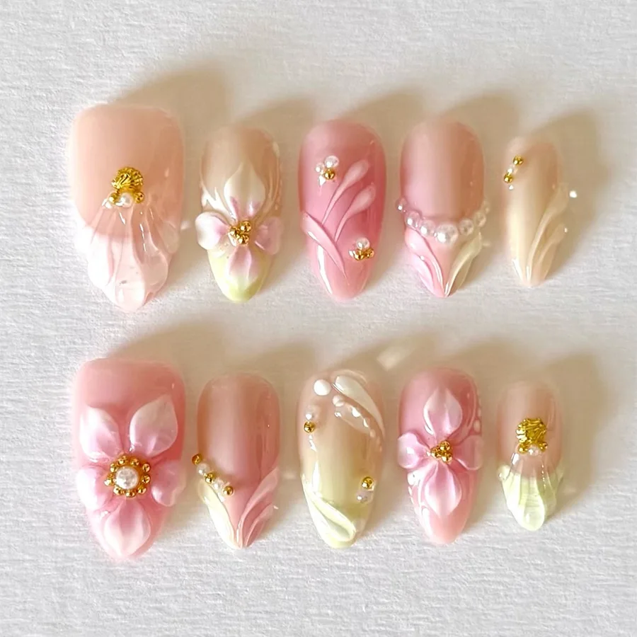 

24Pcs 3D Flower Shell Pearl Fake Nails Yellow Pink Gradient French False Nails Press on Mid-length Almond Wearable Manicure Tips