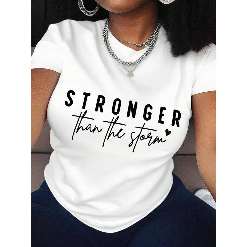 

Stronger Than The Storm T-Shirt Inspirational Quote Graphic Tee Slim Fit Casual Top for Women, Gift Idea or Workout S-3XL