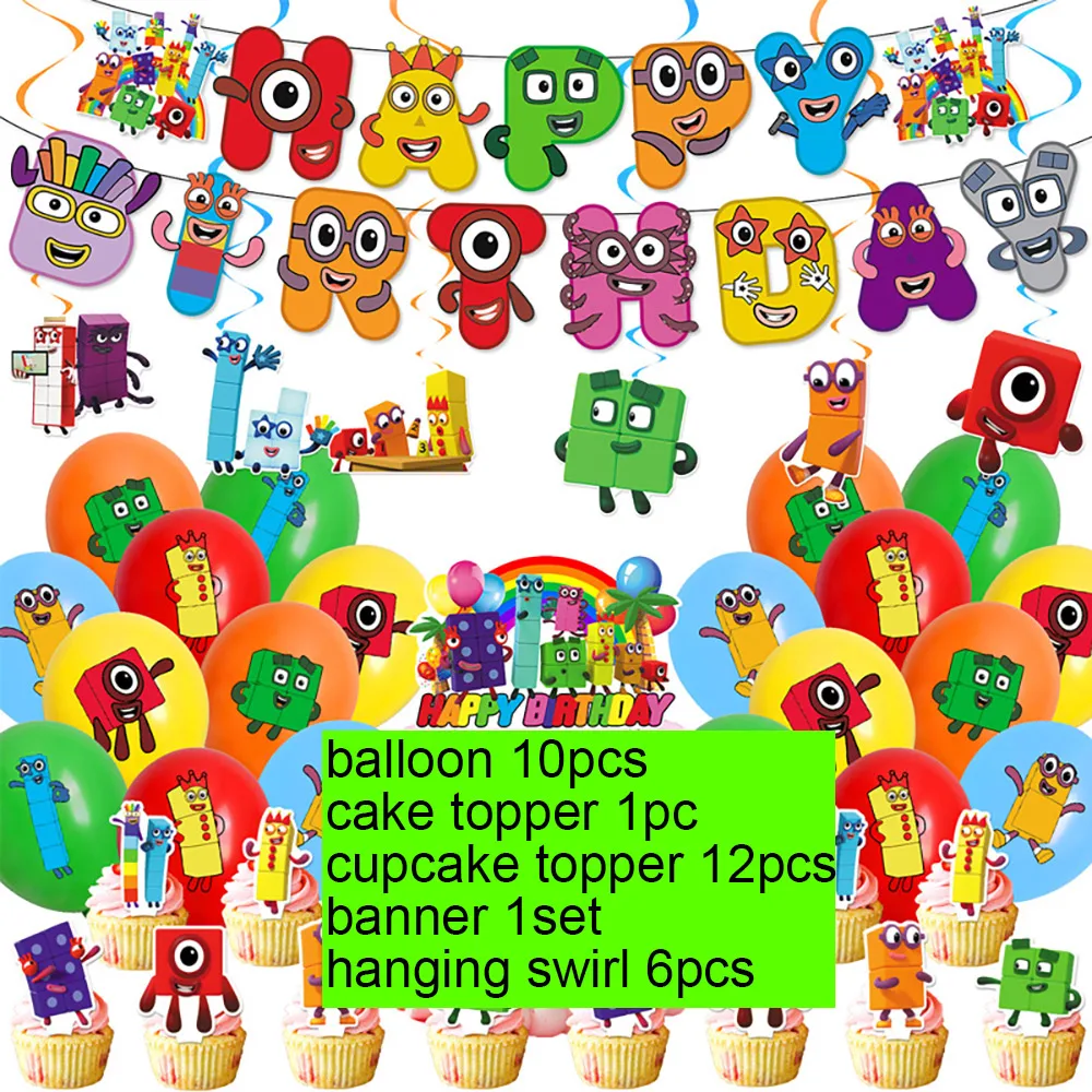 Cartoon Number Building Blocks Theme Birthday Party Decoration Disposable Tableware Balloon Banner Cake Topper Baby Shower Prop