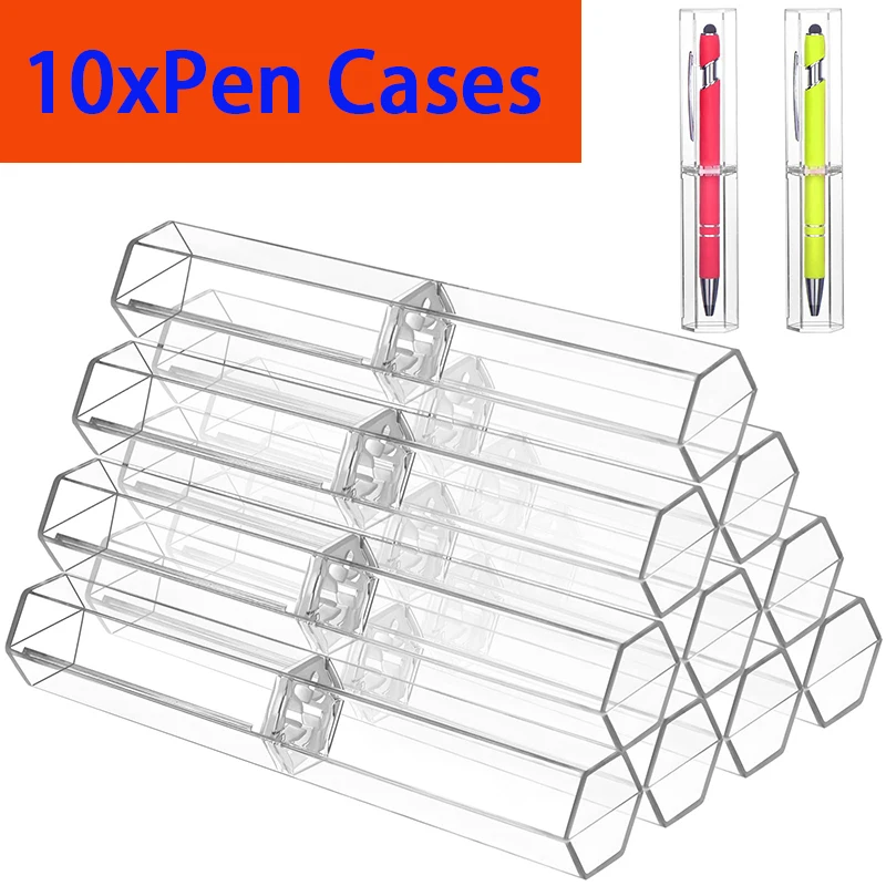 

10 Pcs Acrylic Pen Boxes Clear Ballpoint Pen Case Pencil Gift Box Pen Storage Container Hexagon Single For School Office