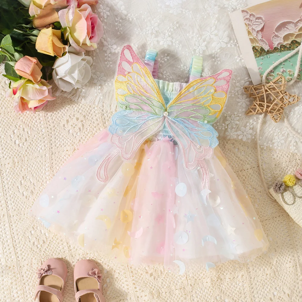 Summer Girls\' New Dress Sweet Sling Waist Wrapped Colorful Butterfly Mesh Back Big Wings Princess Dress