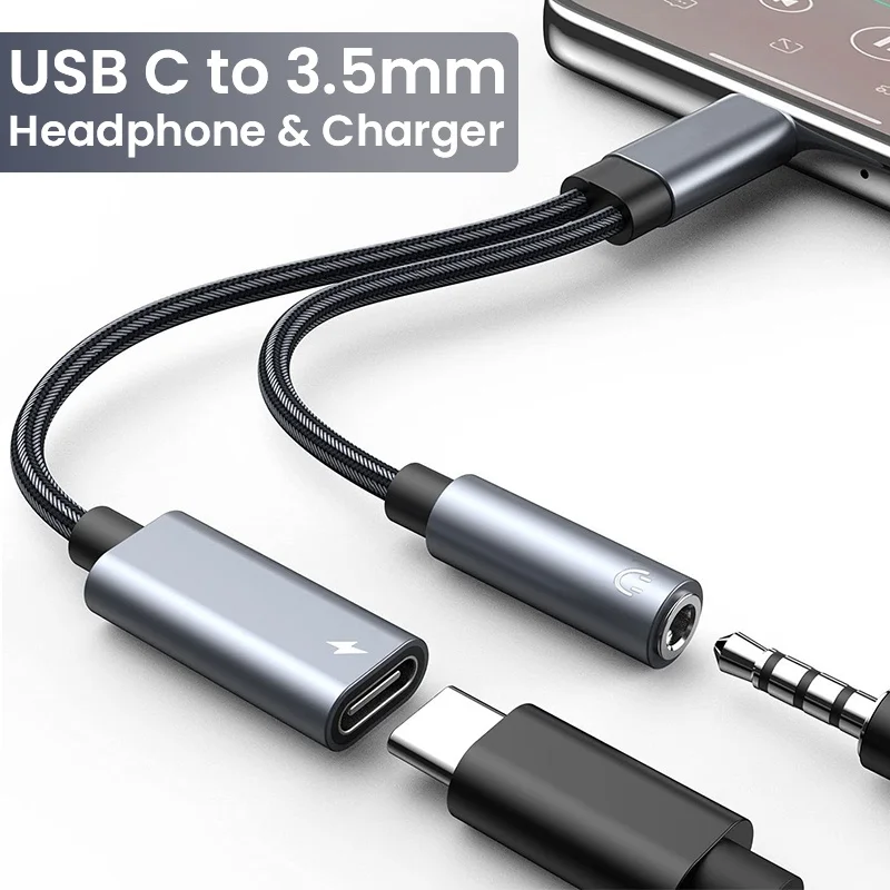 2 In 1 Type-C Audio Headphone Adapter PD 60W Fast Charging USB-C to 3.5mm Jack Adapter For iPhone 15 Serie Samsung Huawei Xiaomi