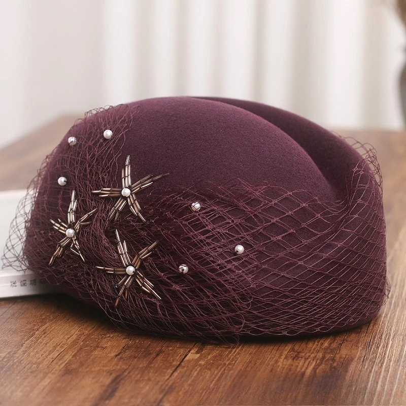 

100% шерстяные шляпы в стиле ретро, кружевные женские коктейльные шляпы, европейская французская шляпа, зимние уличные фетровые кепки, черный, красный, портретная кепка художника