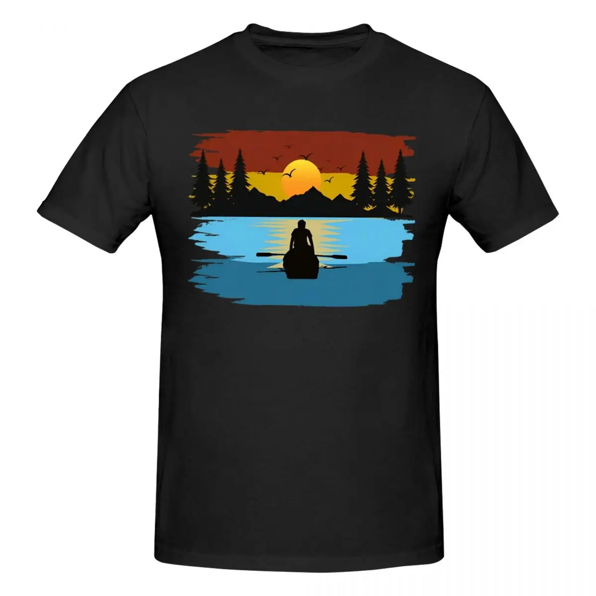 Men Kayaking Sunset Funny T Shirt Vintage Cotton T Shirt Men