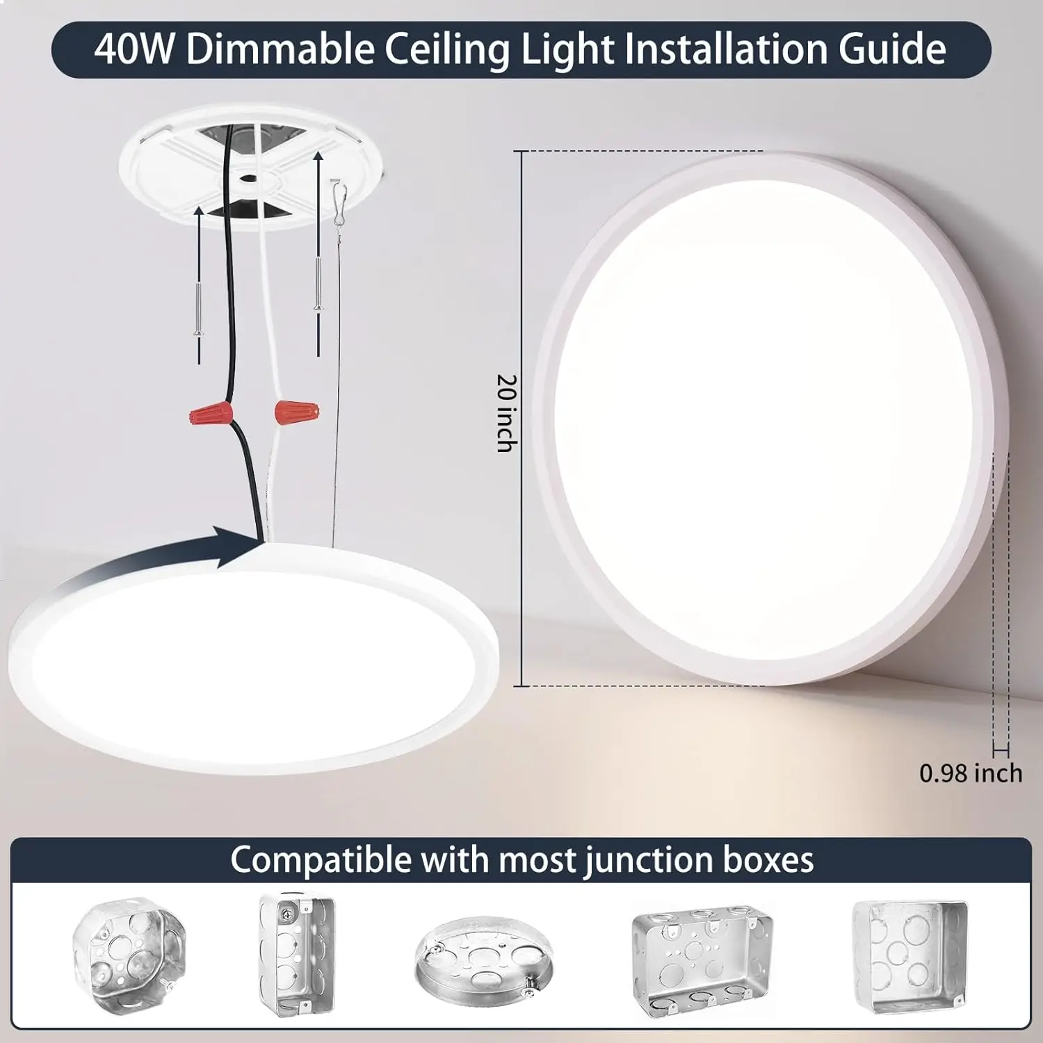 20 นิ้ว Flush Mount โคมไฟเพดาน - 40W Led เพดานห้องครัวโคมไฟ 4000Lm, 3000 K/4500 K/6000 K ปรับแสง