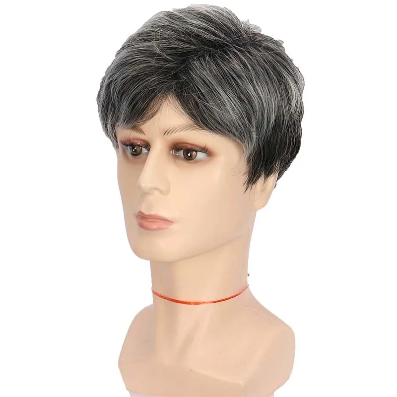 Synthetic Grey Bob Wig for White Men Short Curly Hair Wig With Natural Fluffy Bangs Daily Cosplay Party Male Heat Resistant