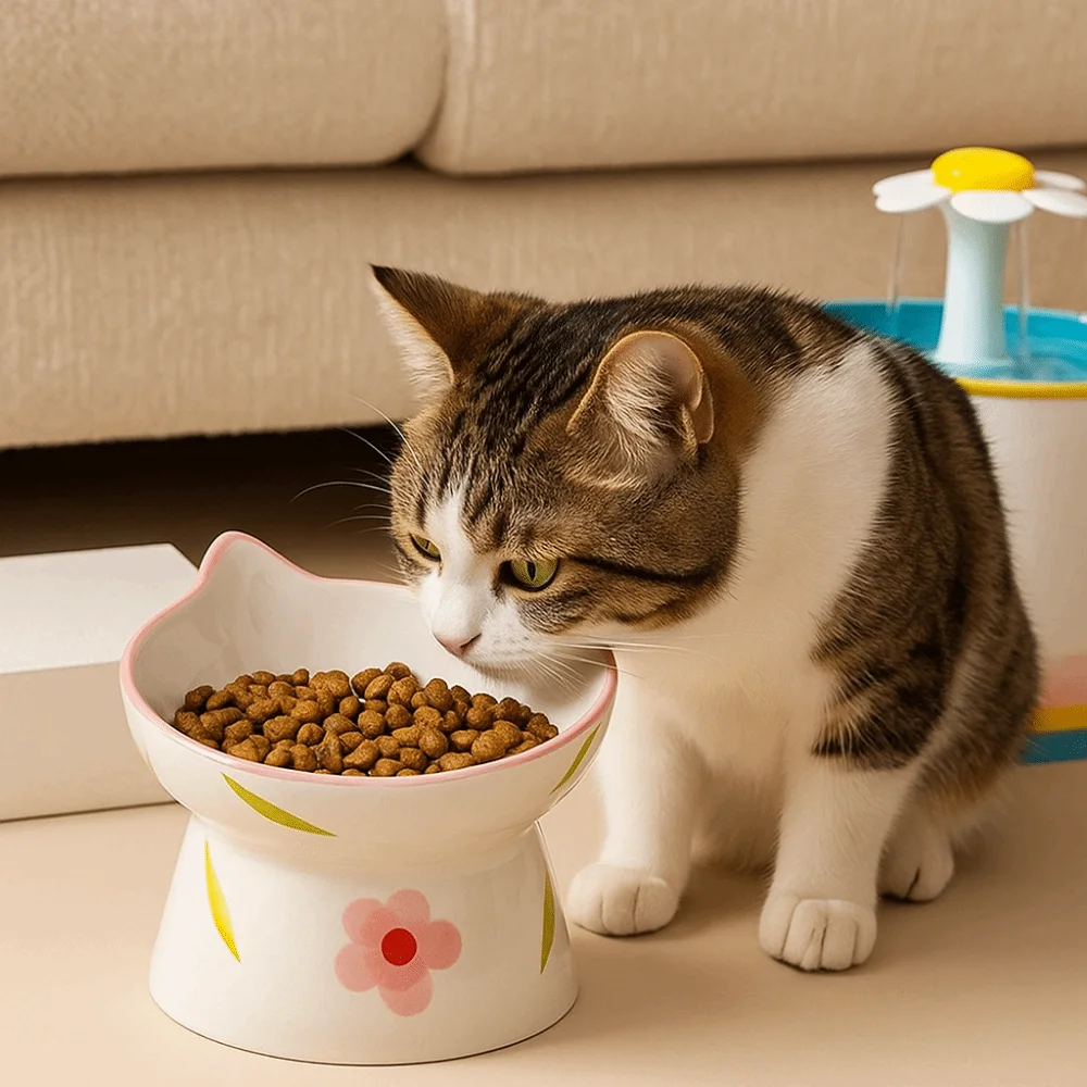 Ceramic Cat Bowl Handmade Cervical Spine Protection Cat Elevated Bowl Anti Tipping Flat/Slanted Mouth Pet Drinking Feeder