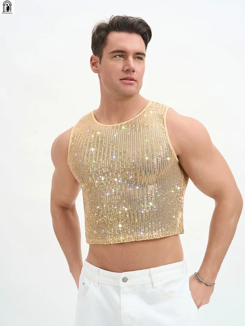 

New Men's Glitter Rhinestone Crop Top – Slim Fit Sleeveless Muscle Tank for Nightclub & Rave Party Men's Sparkly Sequin Crop