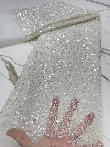 PGC-tela de encaje de lentejuelas plateadas pesadas con cuentas para vestido de novia, vestido de noche de lujo, encaje francés, 5 yardas
