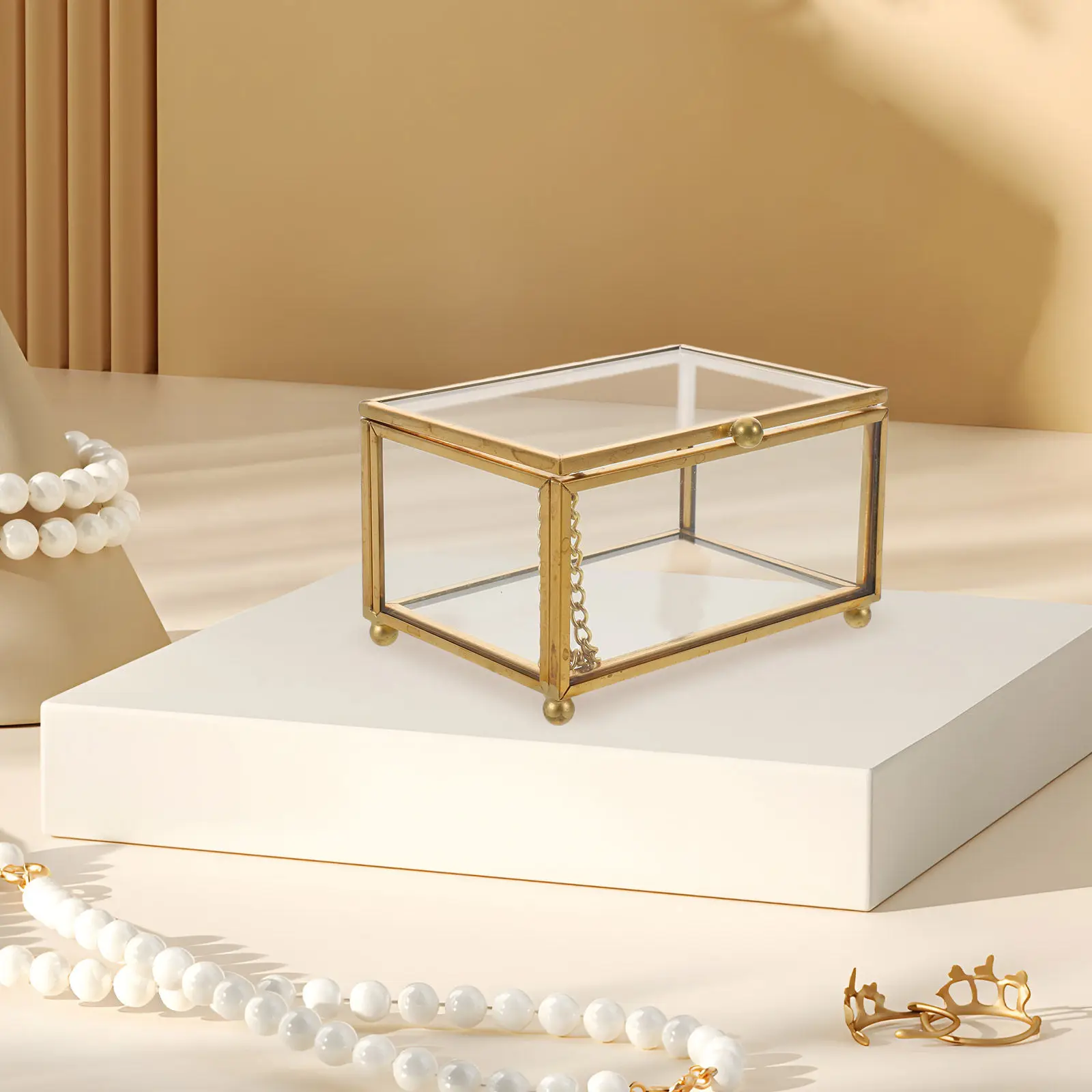 

Винтажная стеклянная шкатулка для украшений 4x2.8x2.4 дюйма, прямоугольная, с крышкой, прозрачная, для хранения колец, серег, мелочей, для дома