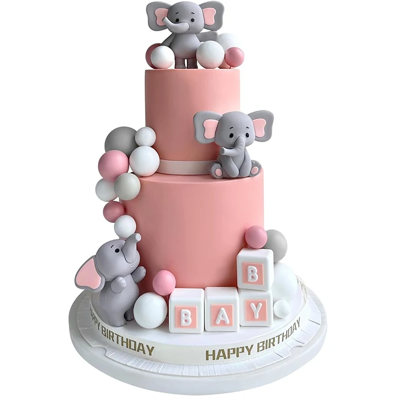 52Pcs Pink Elephant Cake Decorations Baby Elephant Cake Toppers Pink White Grey Cupcake Picks Birthday Party Baby Shower Decor