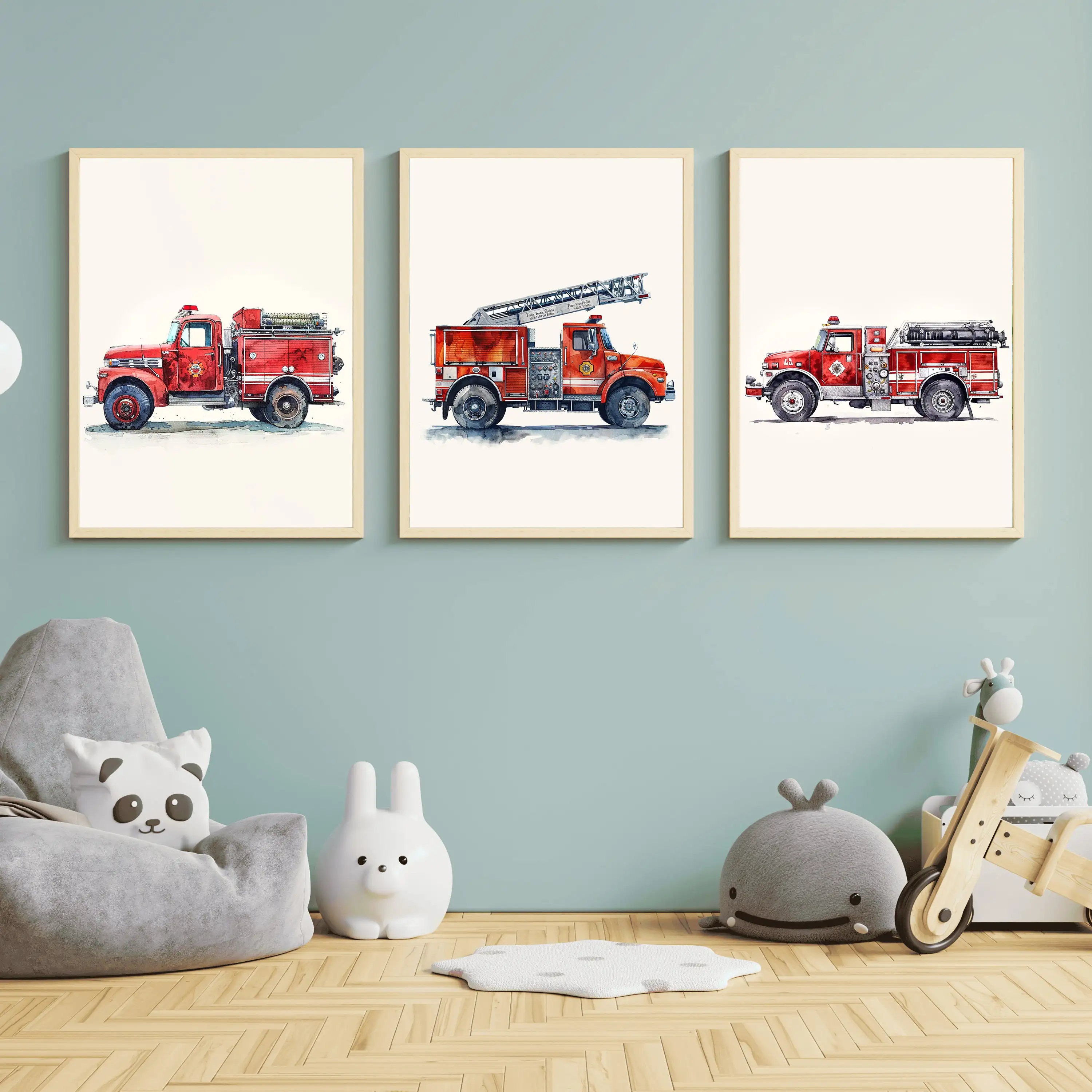 3PCS Frameless,3pcs Firetruck Boys Nursery Vintage Wall Art Canvas Little Firefighter Nursery Print Kids Adventure Rescue Truck