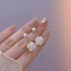 Trend New Camellia Flower Imitation Pearl Earring Female Temperament Trendy White Rose Earrings for Women Fashion Jewelry Gifts