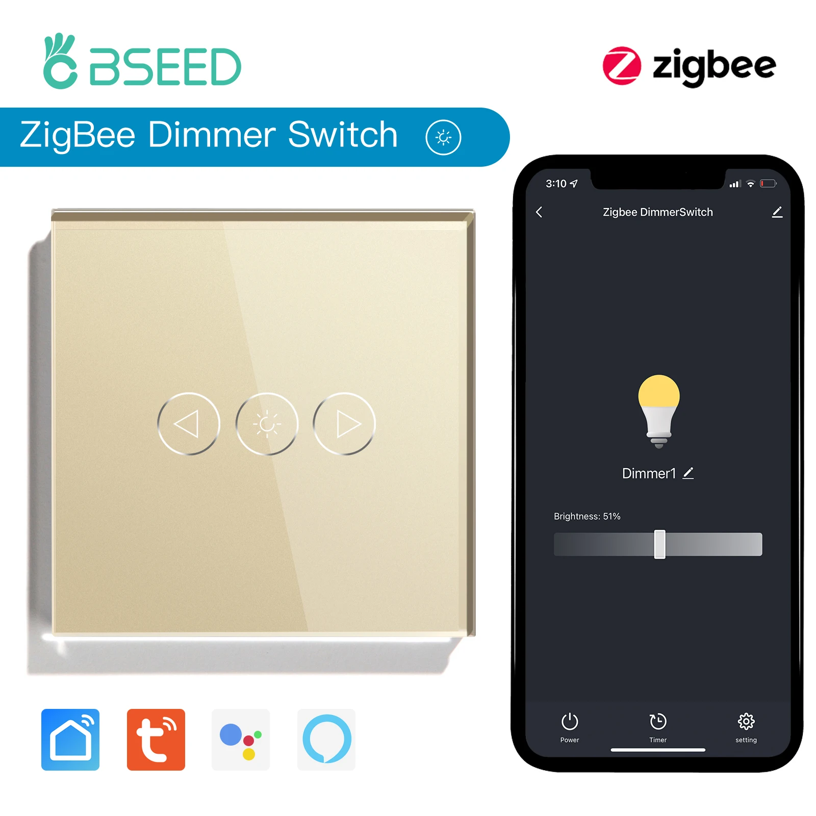 BSEED Zigbee Dimmer Licht Schalter 1Gang 1Way Wand Smart Dimmbare Schalter Unterstützung Tuya Smart Leben Alexa Sprachsteuerung