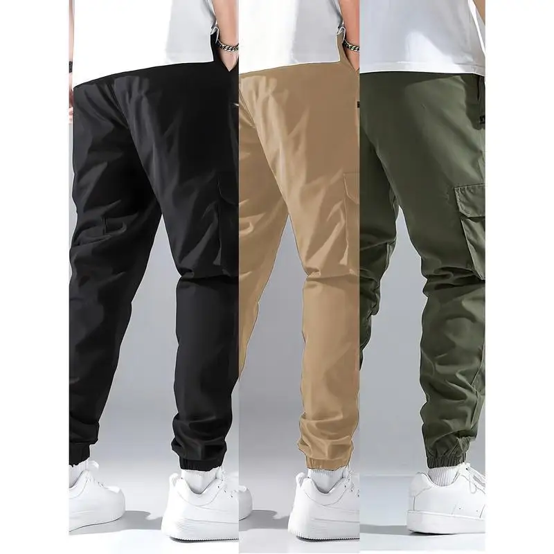 3pcs Casual Color Cargo Pants for Teen Boys with Multiple Pockets Straight Leg Neutral Style Summer Collection
