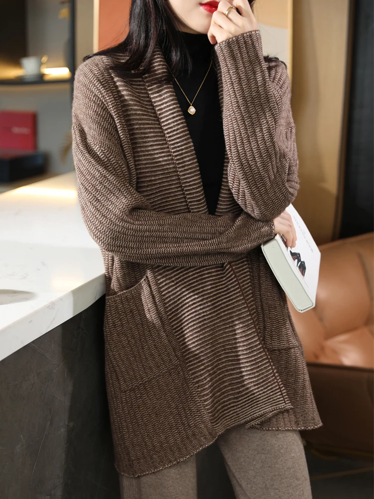 ADDONEE Cardigan lungo da donna di alta qualità autunno inverno maglione di Cashmere spessa grazia cappotto allentato Casual 100% maglieria di lana Merino