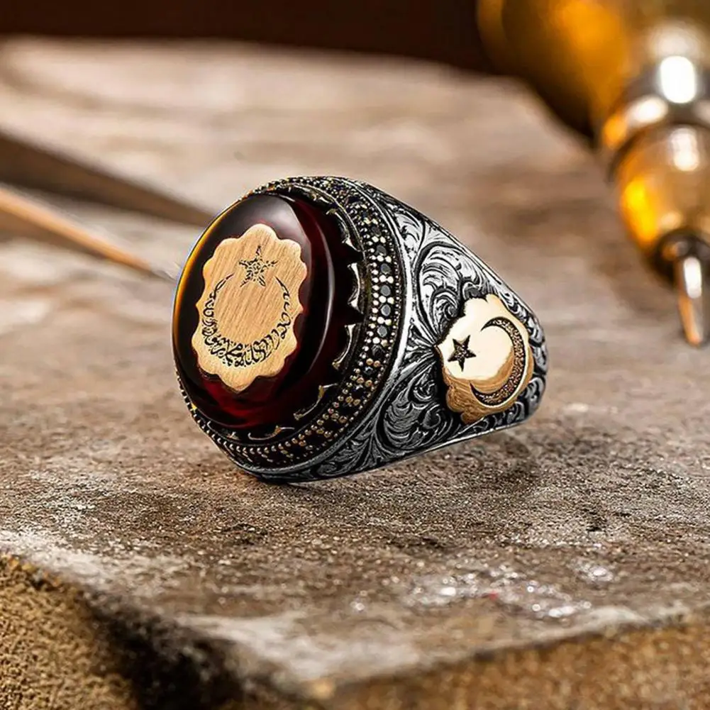 Male Ring Personality Hand Engraved Pattern Handmade Lustrous Vintage Red Stone Turkish Signet Ring Finger Jewelry Accessory