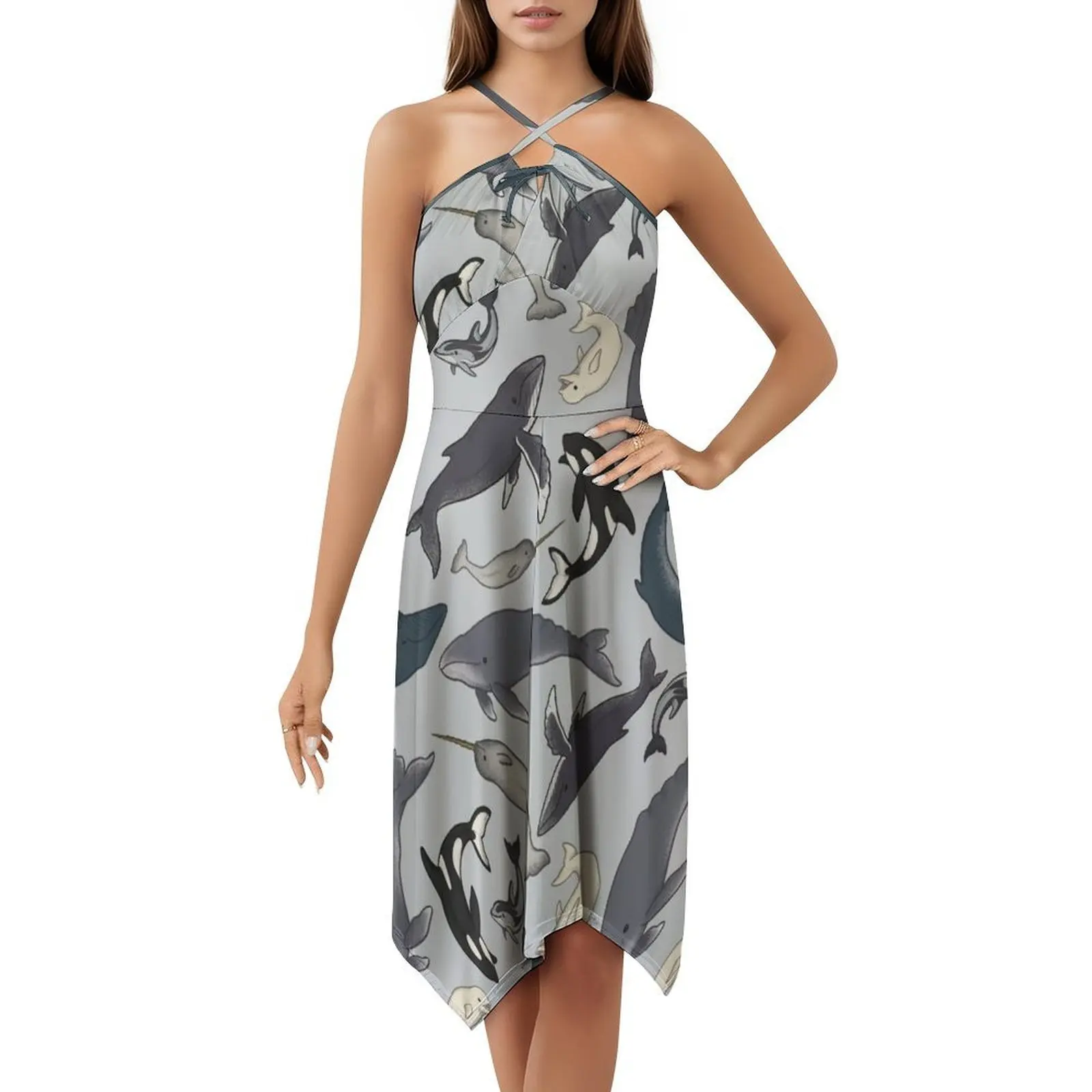 الحيتان نمط Preppy فستان قصير للنساء ألف خط فضفاض صالح فستان يوم غير رسمي الحيتان الحوت دولفين الحumpback Sei Orca ملابس امرأة #5