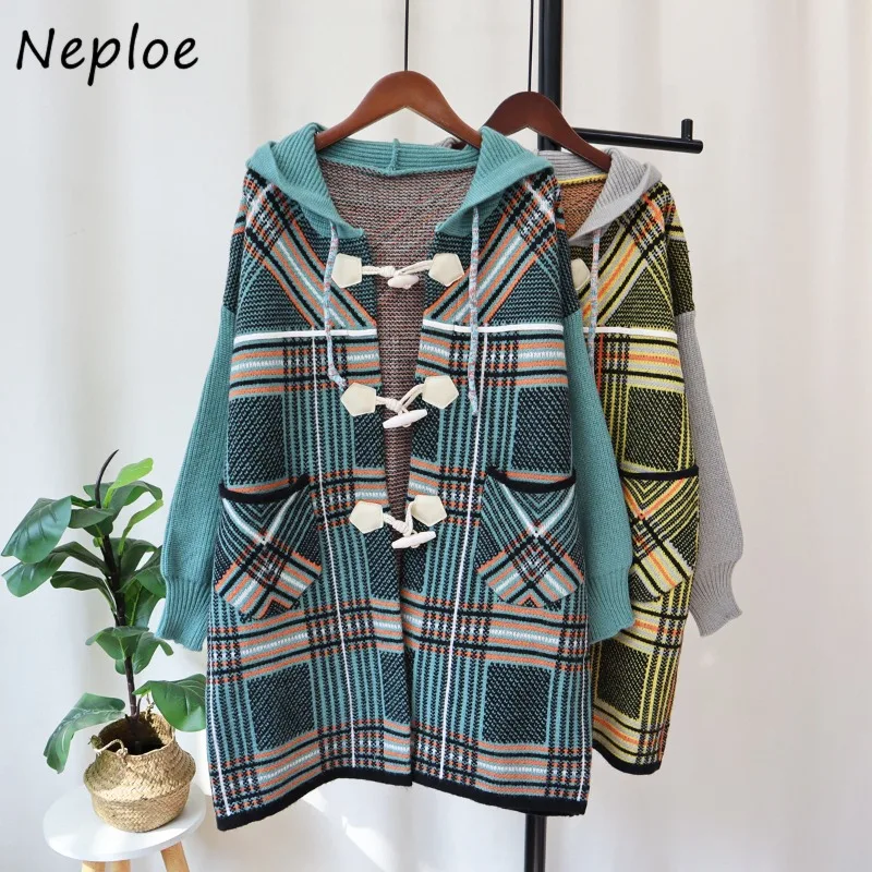 Neploe European Style Hooded Knitted Cardigans 2024 Autumn Winter Femme Chic Loose Horn Button Mid Length Plaid Sweater Coats