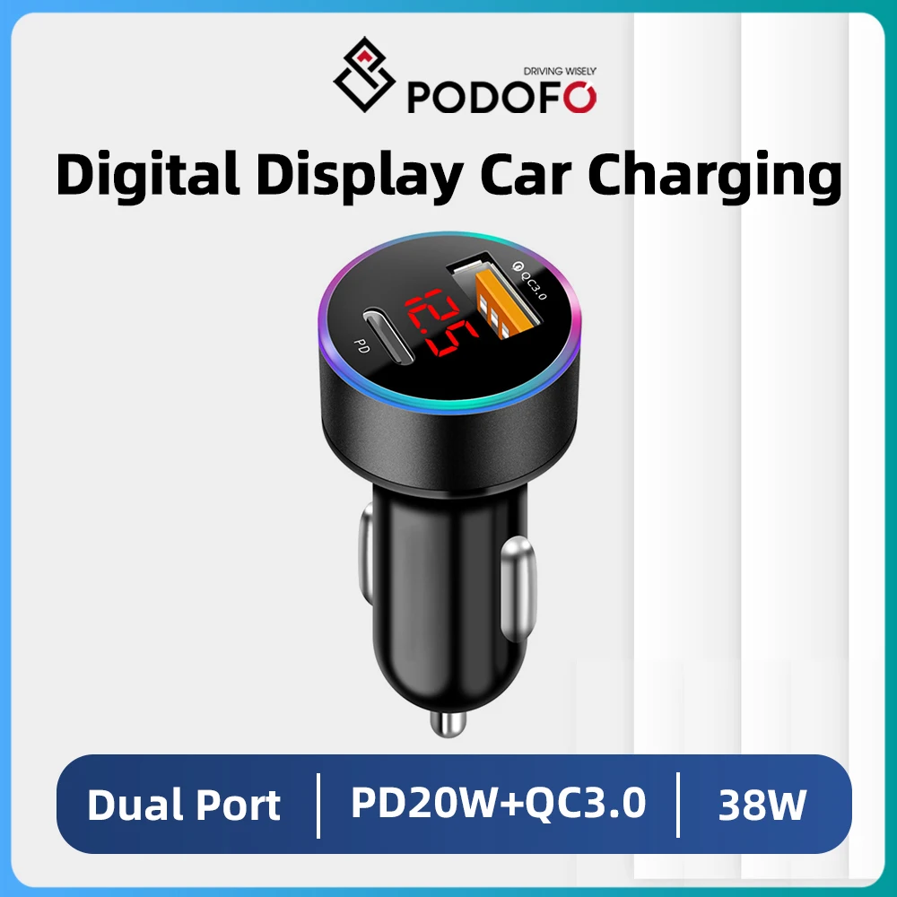 Podofo Mini Car Charger Dual USB Ports Super Fast Charging with Digital Display Quick Charging Adapter for IPhone Samsung Xiaomi