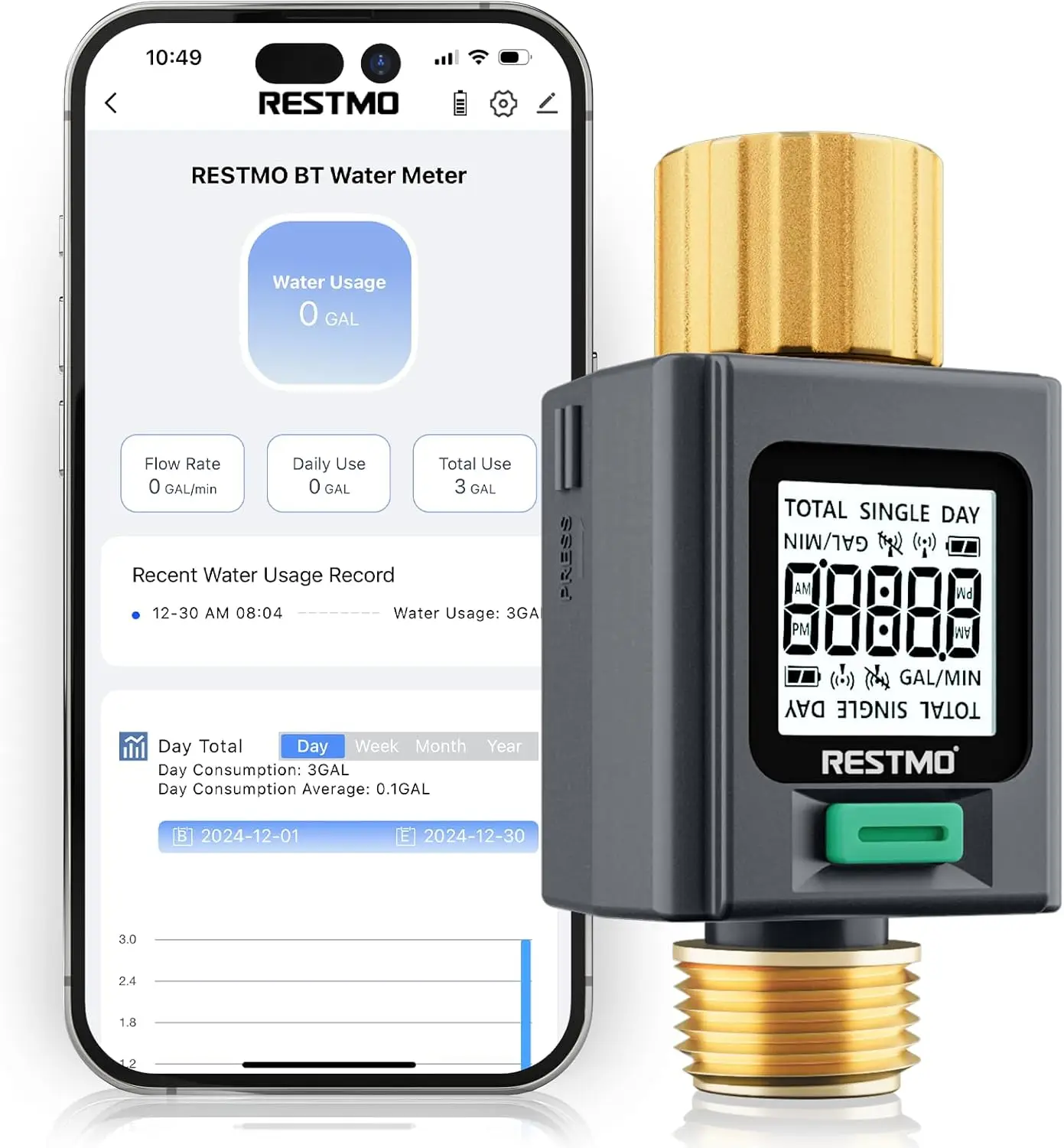 

Умный счетчик расхода воды с экраном, латунными входами, измеряет в галлонах/литрах для сада, автодома, спринклеров - управление через приложение