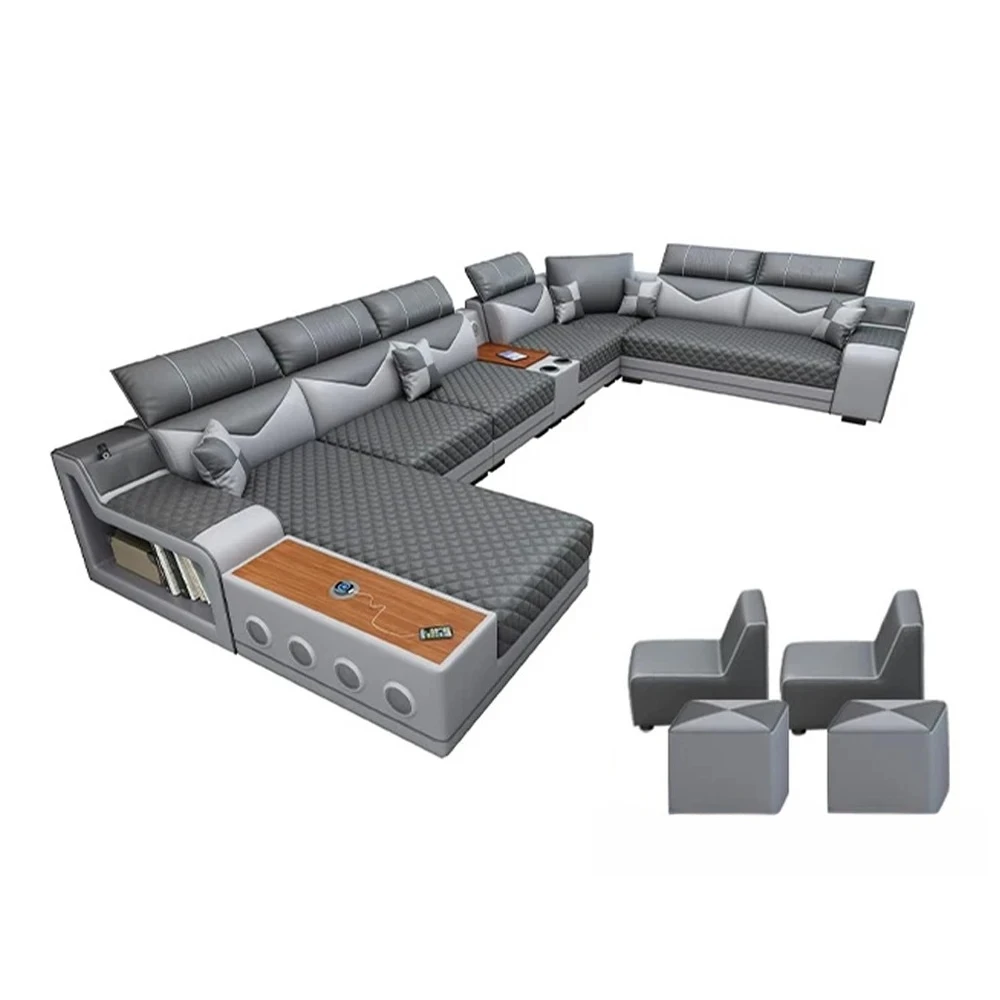 #MANBAS U-Shaped Fabric Sectional Sofa Set with Console,Speaker, USB,Cup Holder and Stools, Large Living Room Couch Furniture Se