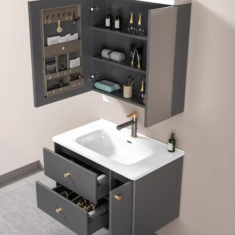 Customizable Waterproof Aluminum Bathroom Vanity Unit with Smart Mirror and Ceramic Basin Floating Design Zoned Storage
