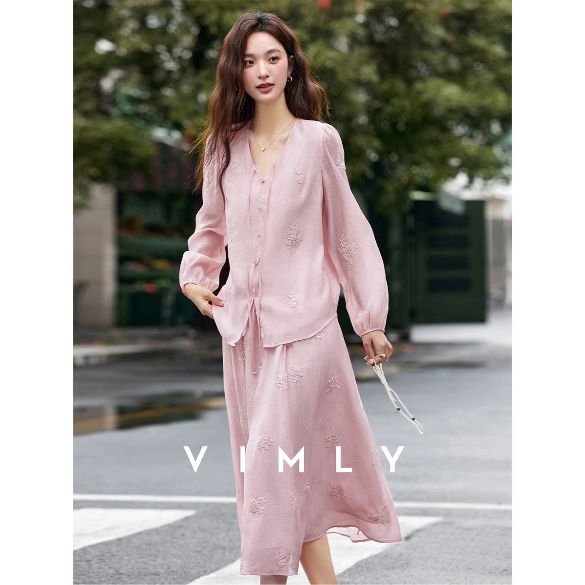 Vimly Skirt Set Women's Autumn 2025 Embroidery Textured Floral Print Blouse & Long Skirt Vacation Elegant 2 Piece Outfit A2972