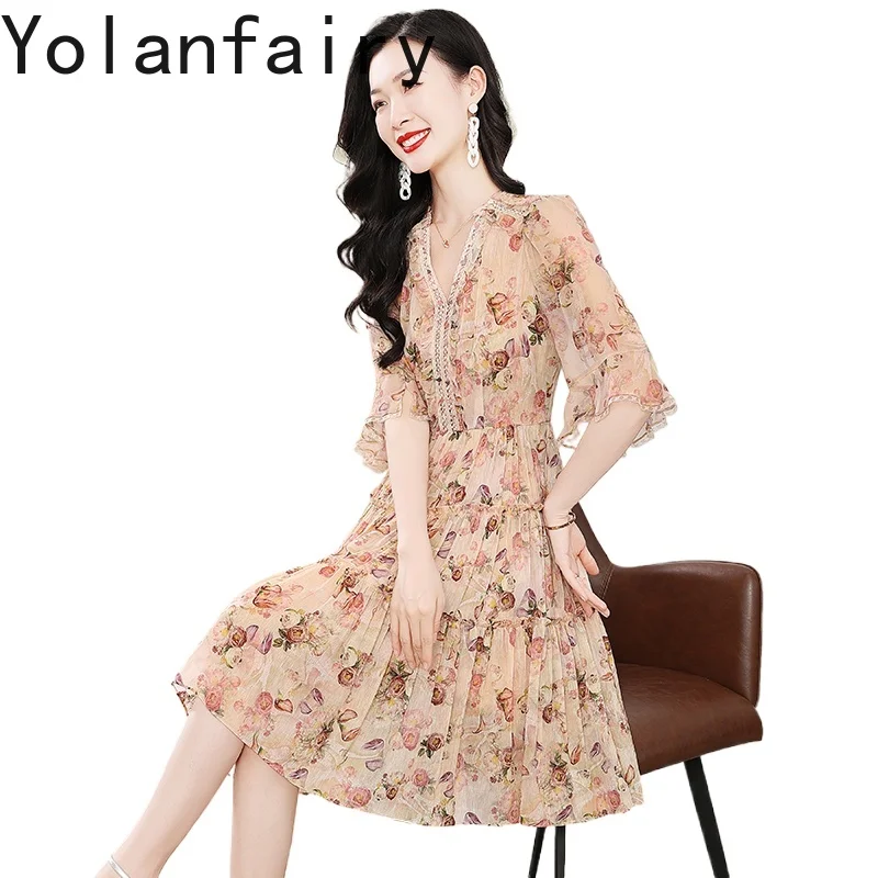 YOLANFAIRY 70% الكتان 30% التوت فستان حريري الصيف الملابس النسائية فستان زهري أنيق مضيئة كم فساتين الموضة امرأة