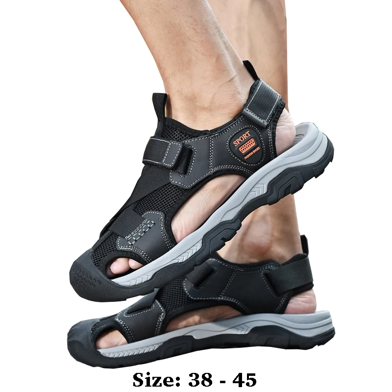 

High quality leather flat sandals for men round toes new summer 2025 size 38 46 casual beach walking big size shoe grey green