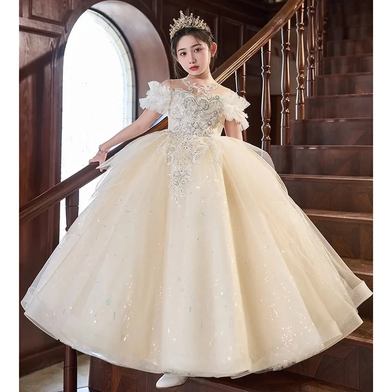 Champagne Color High-End Children's Formal Dress Stage Performance Host Costume Elegant Princess Dress Birthday Party Puffy Dres