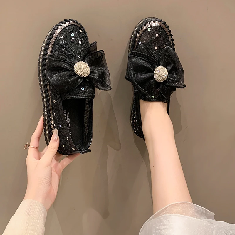 LazySeal Platform Diamonds Butterfly Knot Women Flats Bling Woman Rhinestone Ladies Casual Mesh Chunk Sole Slip-on Shoes Size 43