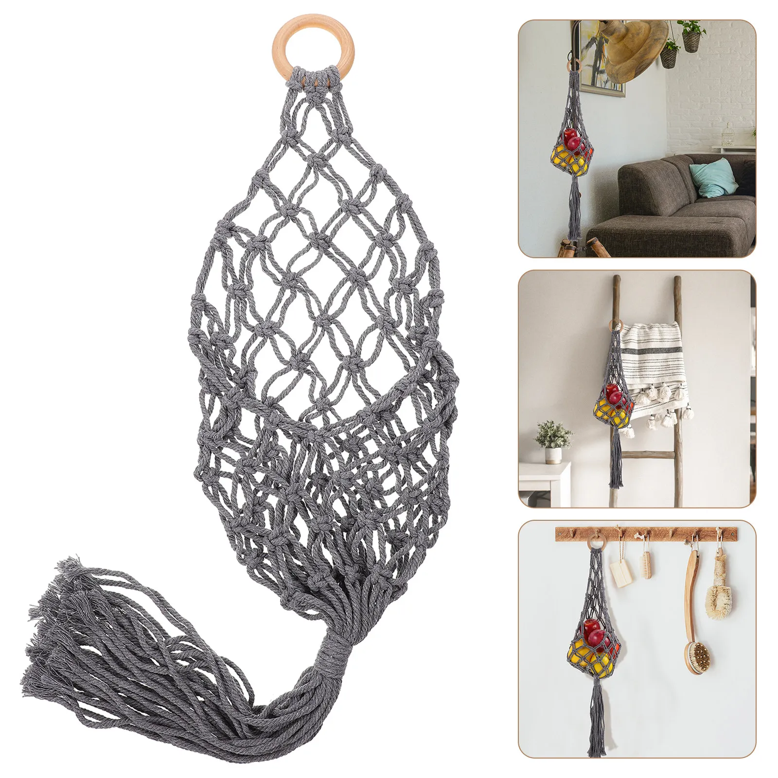 1Pcs Hanging Basket Cotton Rope Woven Storage Basket Decorative Fruit Vegetable Holder for Kitchen Bathroom Restaurant Space
