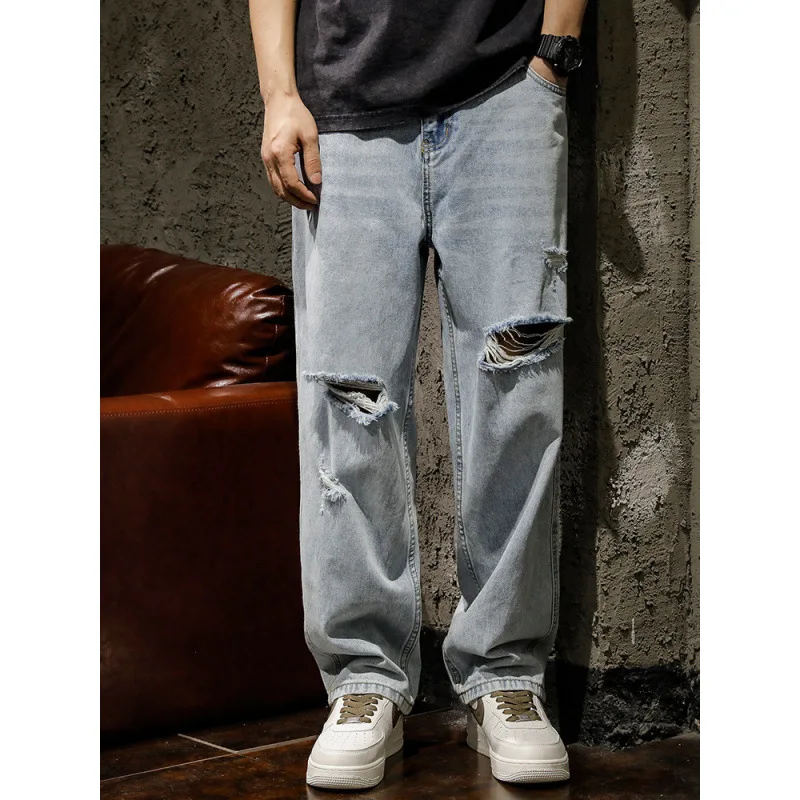 

Light Blue Washed Ripped Jeans MeninsTrendy High Street Draped Loose Straight Autumn Wide-Leg Korean Style Pants