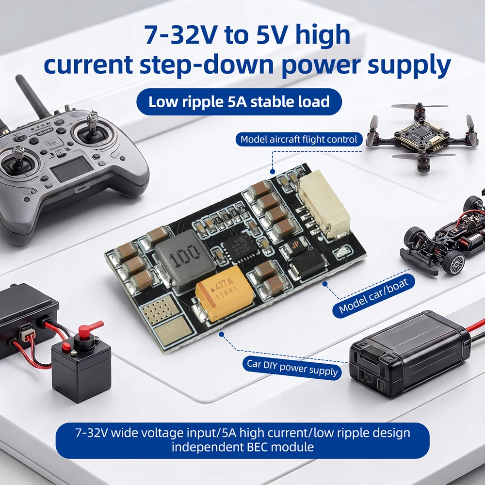 Mini Servo RC Drone Step Down Buck Converter 7-32V to 5V DC-DC Step-down Module 5A High Current Low Ripple BEC Voltage Regulator