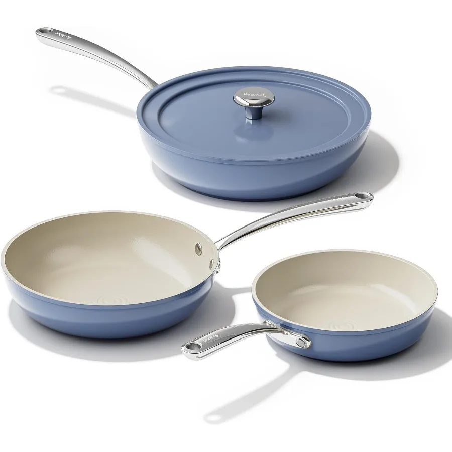 

Nonstick Ceramic Pans 4Piece Set with Deep Frying Pans and Lids in 8 9.5 11 Sizes Ideal for Cooking Eggs and Other Dishes on Al