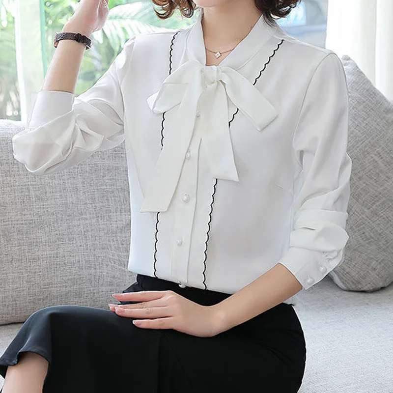 Korean Elegant Lace Up Button Shirt Female Autumn Winter Fashion Solid Color Office Lady Long Sleeve Bow Blouse Women\'s Clothing