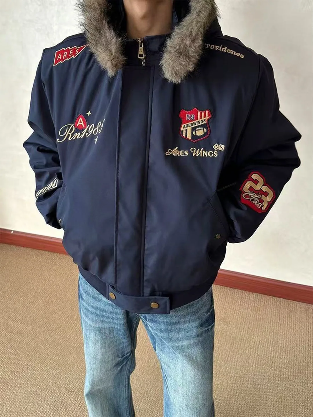 

American Sle Embroidered Hooded Cotton Jaet Men's Trendy Brand Detachable Fur Collar Winter Warm Outerwear Casual Youth P...