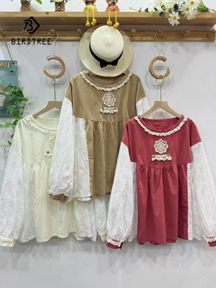 

New 2025 Autumn Cotton Long Sleeve Shirt, Women O Neck Embroidery Lace, Mori Girl Sweet Age Reduction Chic Loose Blouse T59316CC