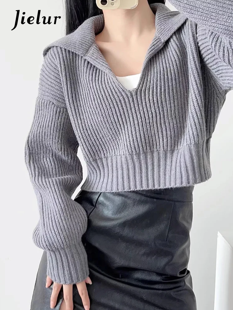 Jielur French Loose Solid Color Women Pullovers V-Neck Knitted Sexy Pullovers Woman White Black Grey Khaki Korean Sweater Female