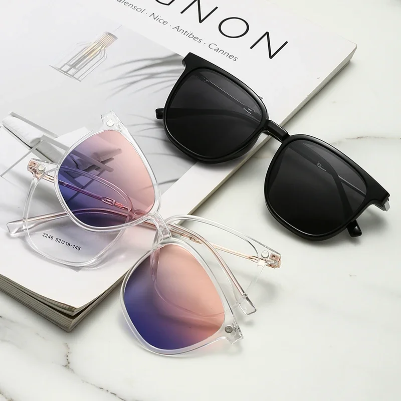 KIZN 2 in 1 女性近視メガネビッグフレーム偏光光学メタルサングラスマグネットクリップ処方眼鏡-0.50 ～ -6.0