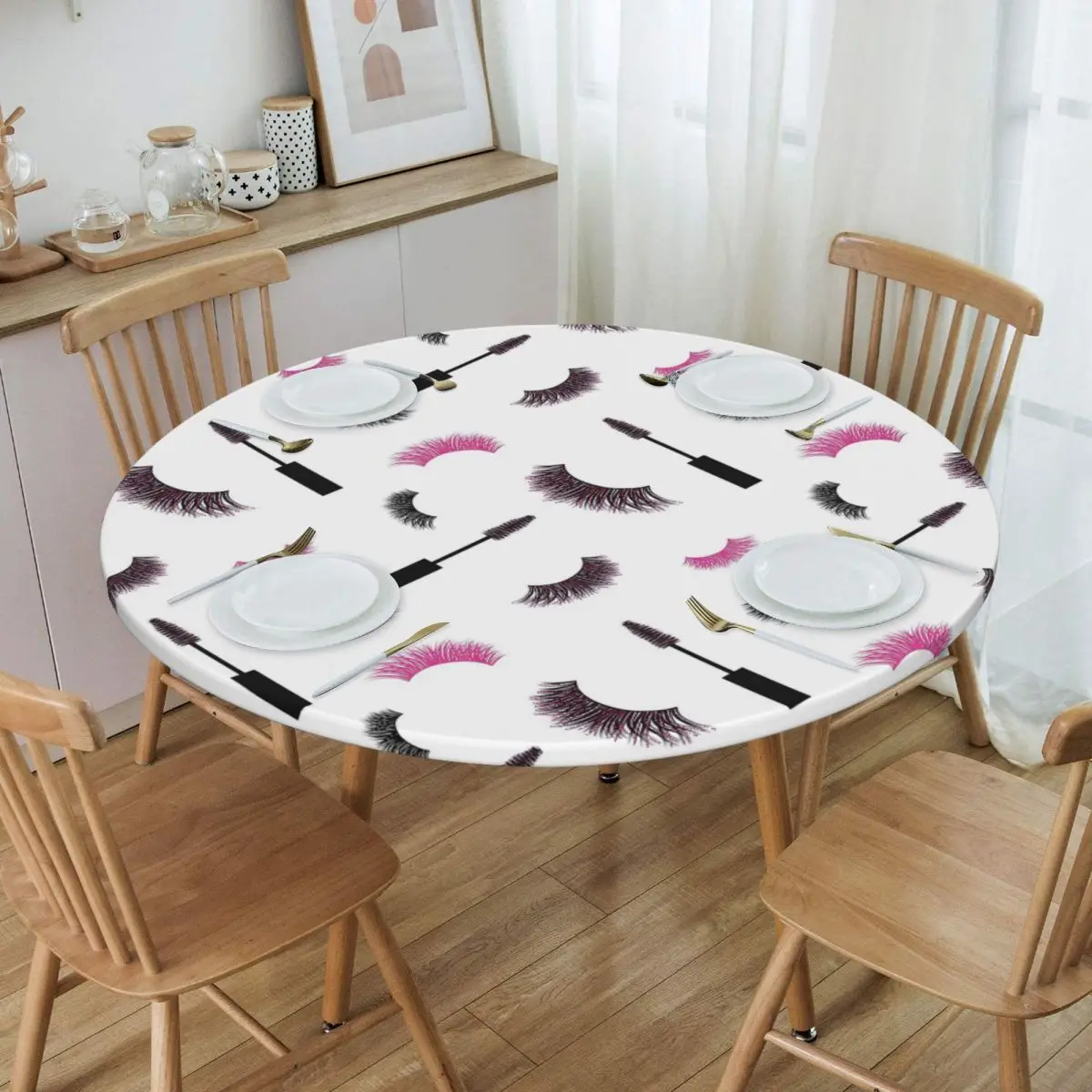Lashes And Mascara With Pink Glitter Pattern Round Tablecloth Oilproof Table Cloth for Kitchen Events Dining Table Cover