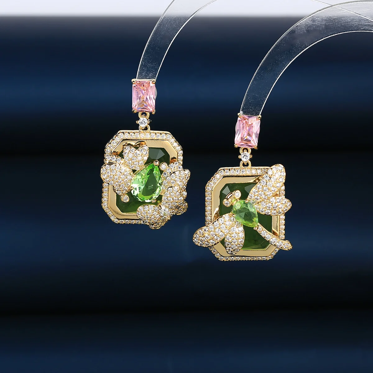 

925 Silver Needle Luxury Dragonfly Butterfly Green Gemstone Drop Earrings, Elegant Bridal Wedding Jewelry Gift for Women