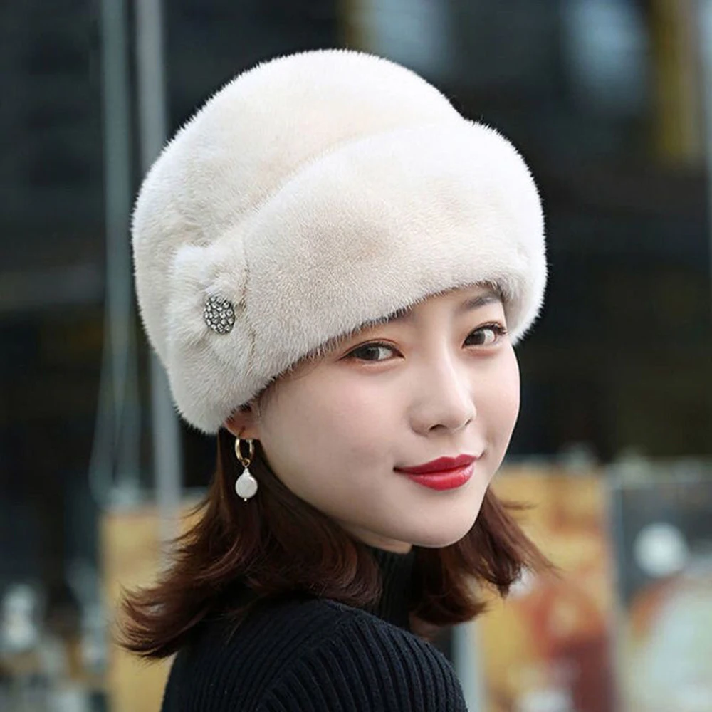 Fashion Mom Hat Thickened Pullover Cap Fur Hats Winter Women Cap Flower Decor Middle-aged Thermal Solid Keep Warm Outdoor Luxury