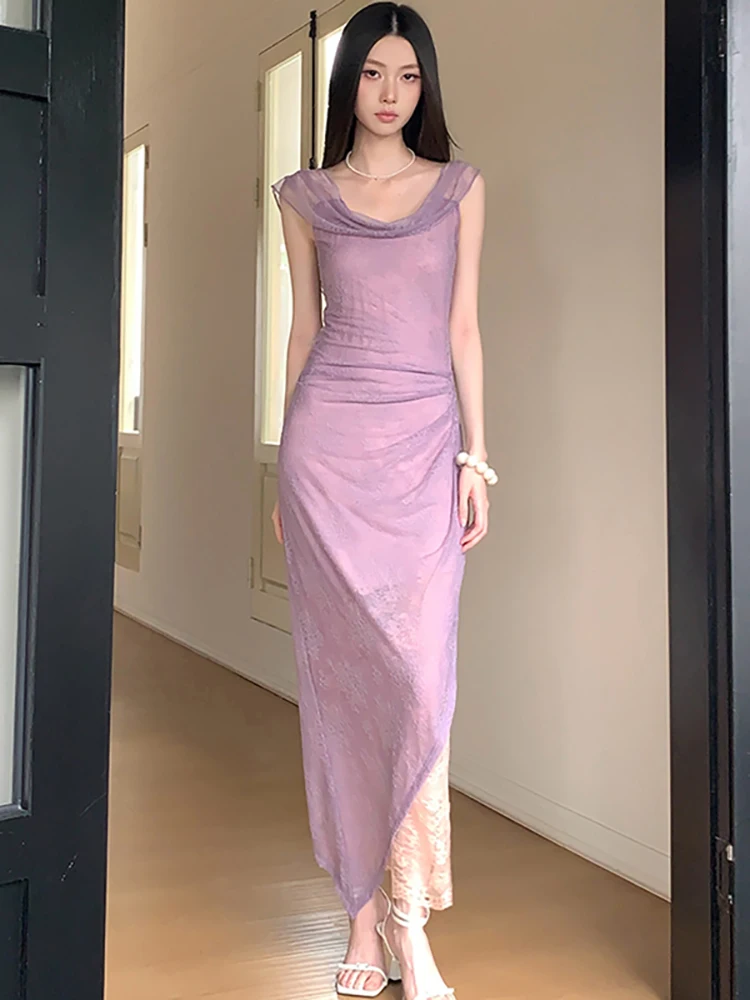 Summer Purple Mesh Chic Lace Jacquard Dress Women Elegant Swinging Collar Sling Dress 2026 Korean Fashion Luxury Evening Dresses